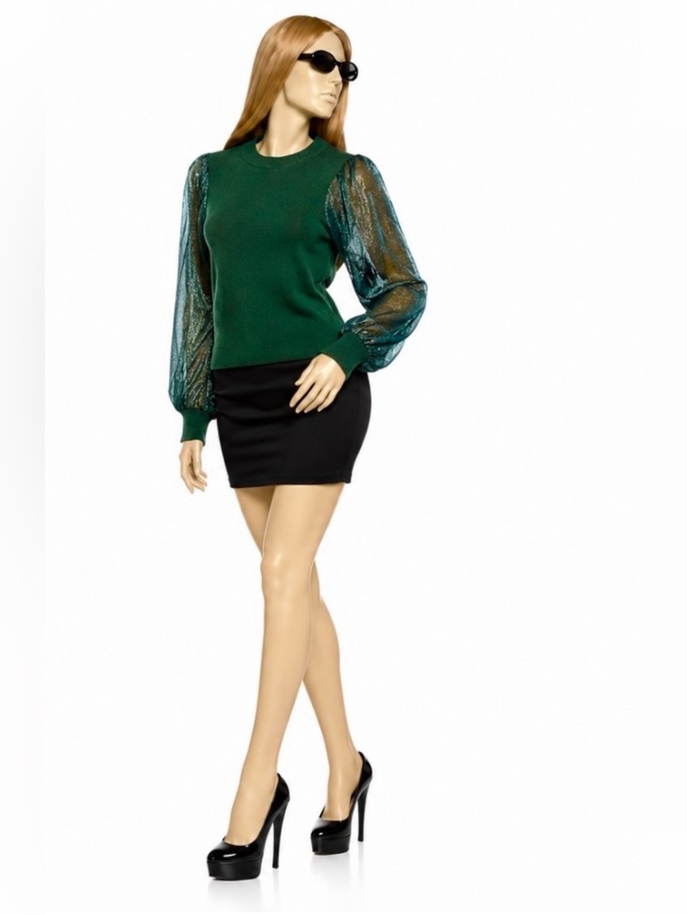 Tuckernuck Betsy Blouse –Green Knit with Sheer Balloon Sleeves – Size M - Picture 4 of 10